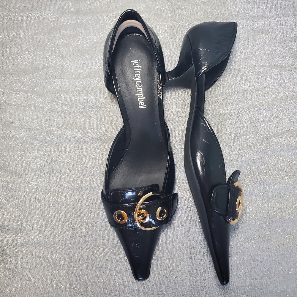 Jeffrey Campbell Smooth Kitten Heel Black Patent LeatherBuckle D'Orsay Pump 5.5